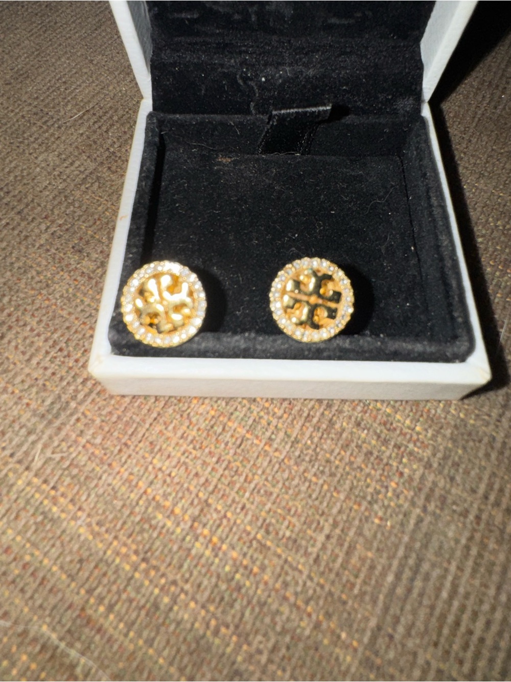 Tory Burch Gold Tone Round Logo-Style CZ Stud Earrings - Gold New without tags